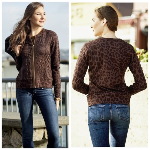 EVY'S TREE Leopars Knit Pieced Jacket, Lace Front Panel, Chocolate Brown, XL - Picture 2 of 16
